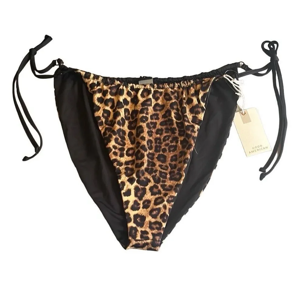 Good American 7‎ 4X Tanga Bikini Bottom Leopard Hi Cut Reversible Adjustable NWT